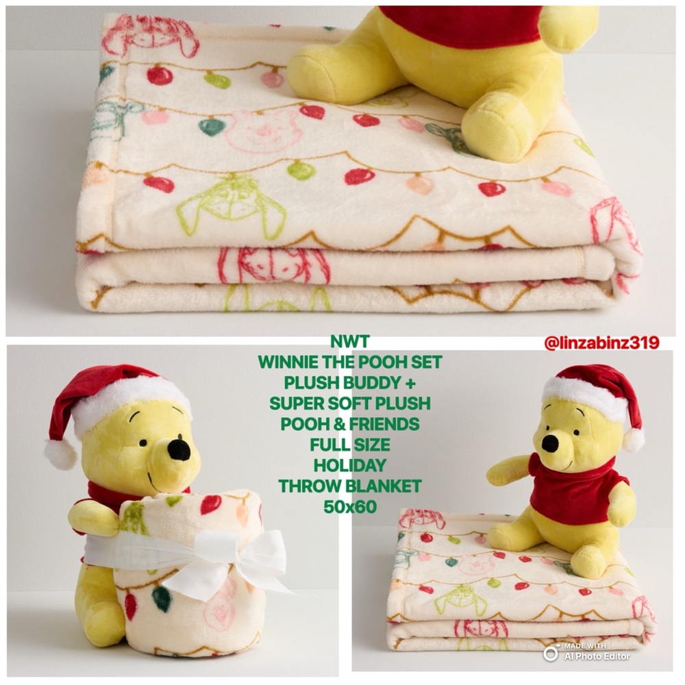 NWT-Santa-Winnie the Pooh Plush Buddy + Pooh & Friends Holiday 50x60 Blanket Set